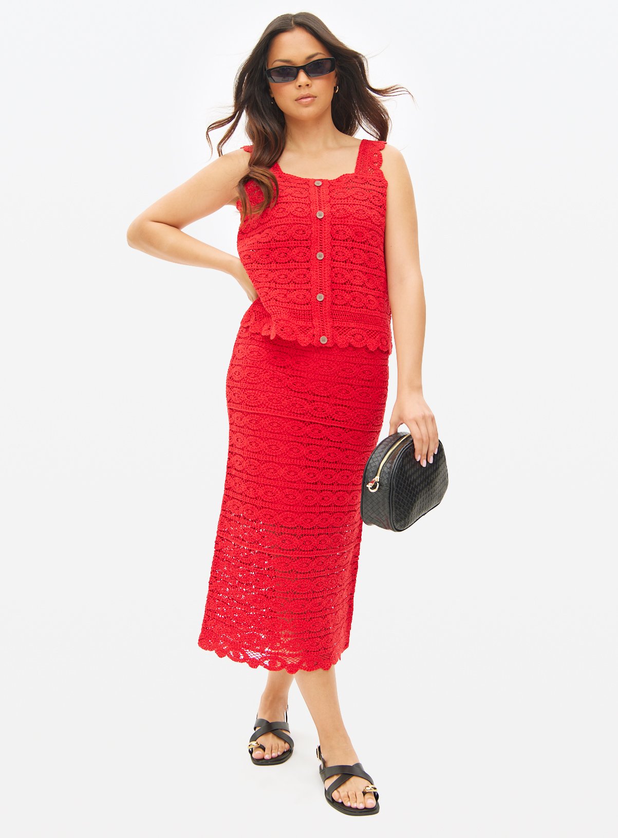 Red Crochet Co-ord Midi Skirt S - Image 1 thumbnail