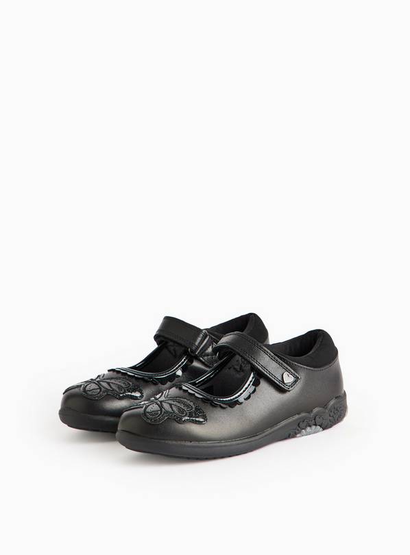 Black Leather Flower Wide Fit Mary-Jane School Shoes  10 Infant