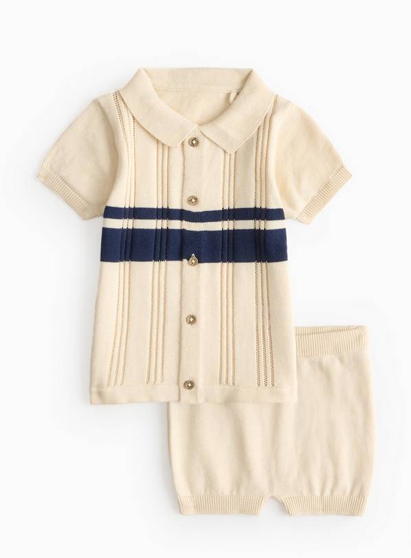 Beige Stripe Knitted Polo Shirt & Shorts 9-12 months