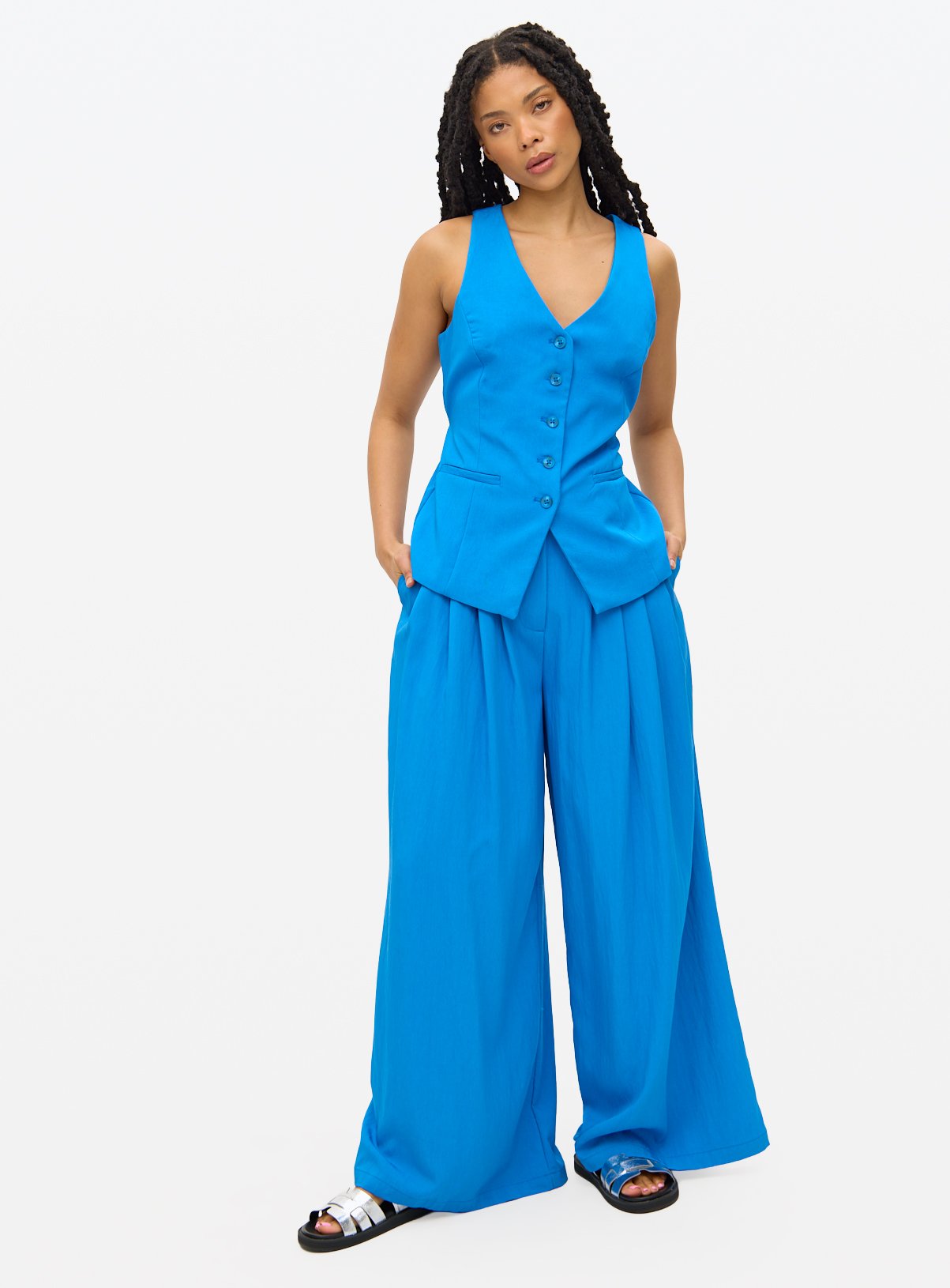 Blue Co-ord Pleated Palazzo Trousers  14L - Image 1 thumbnail