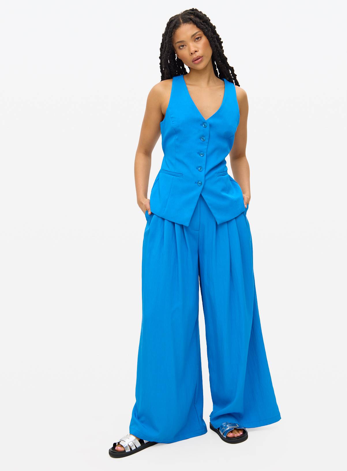 Blue Co-ord Pleated Palazzo Trousers  14L - Image 1