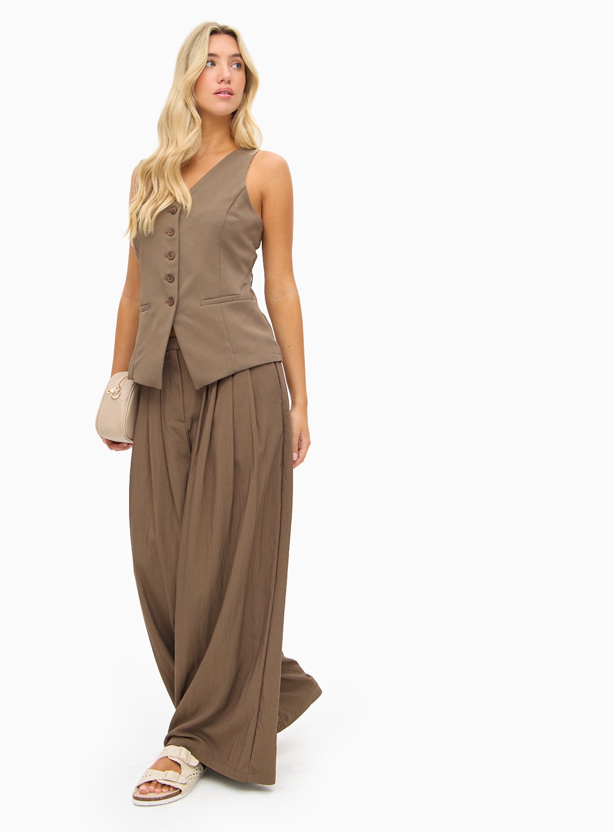 Brown Co-ord Pleated Palazzo Trousers  22L - Image 1 thumbnail