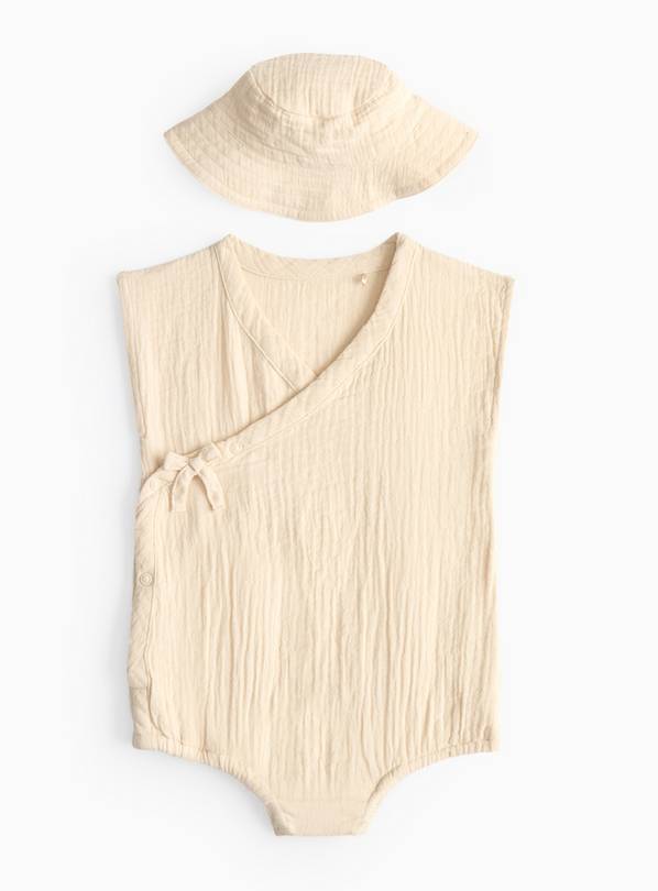 Beige Wrap Front Romper & Bucket Hat 18-24 months