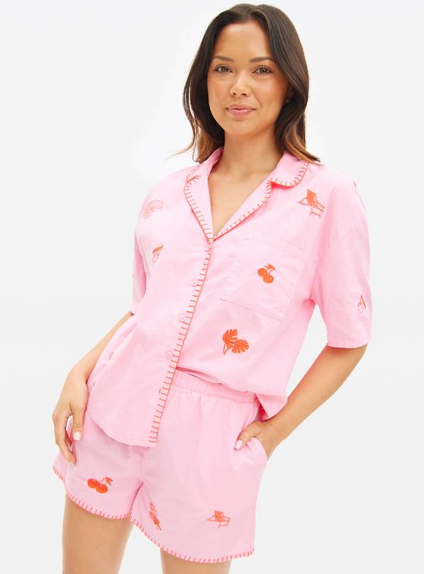 Pink Embroidered Poplin Traditional Pyjamas 16