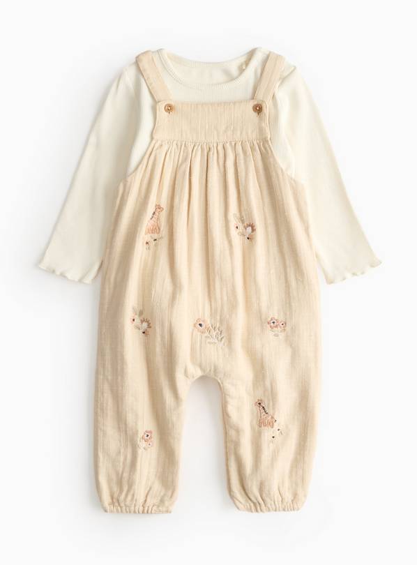 Beige Embroidered Dungarees Set 18-24 months