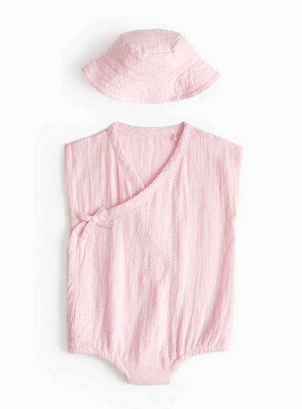 Pink Wrap Front Romper & Bucket Hat 9-12 months