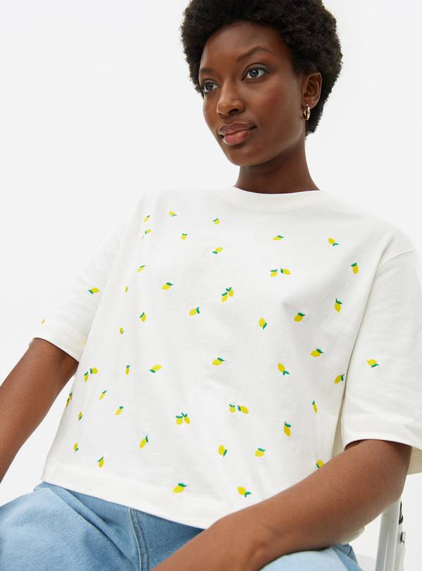 Cream Lemon Embroidery T-Shirt XS