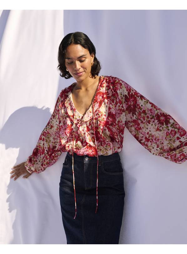 Red Floral Ruffle Long Sleeve Boho Blouse  20