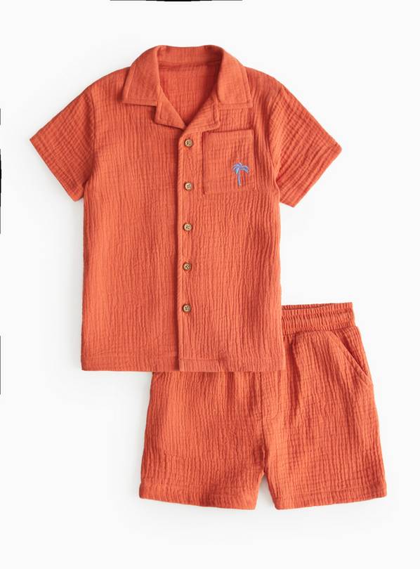 Red Textured Cheesecloth Shirt & Shorts  2-3 years