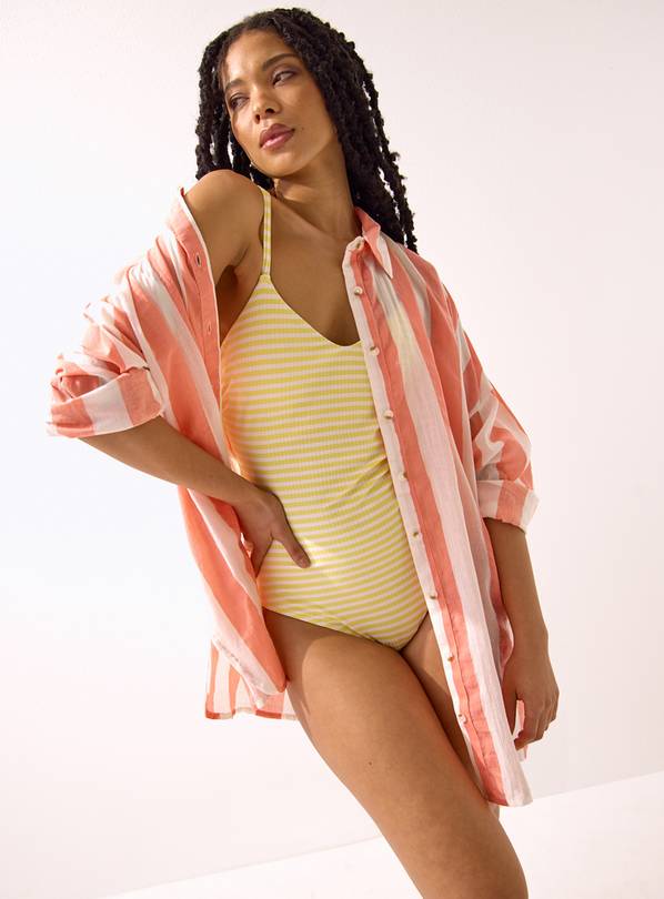 Coral Striped Beach Shirt S