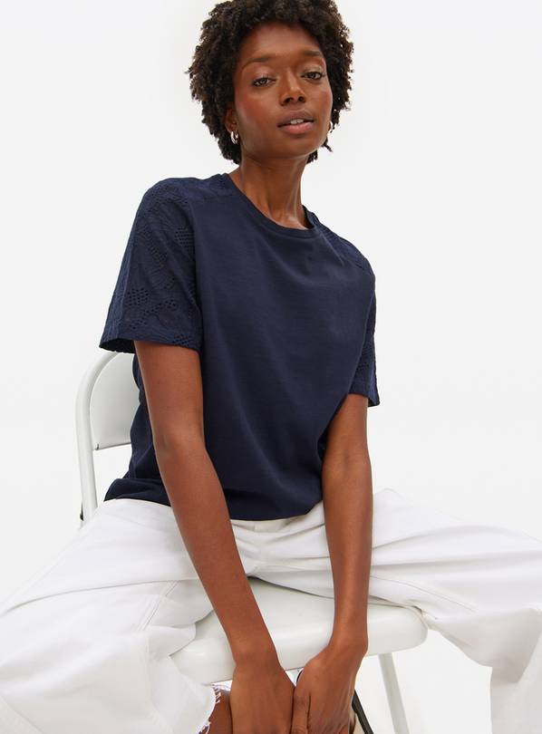 Navy Broderie Sleeve T-Shirt 24