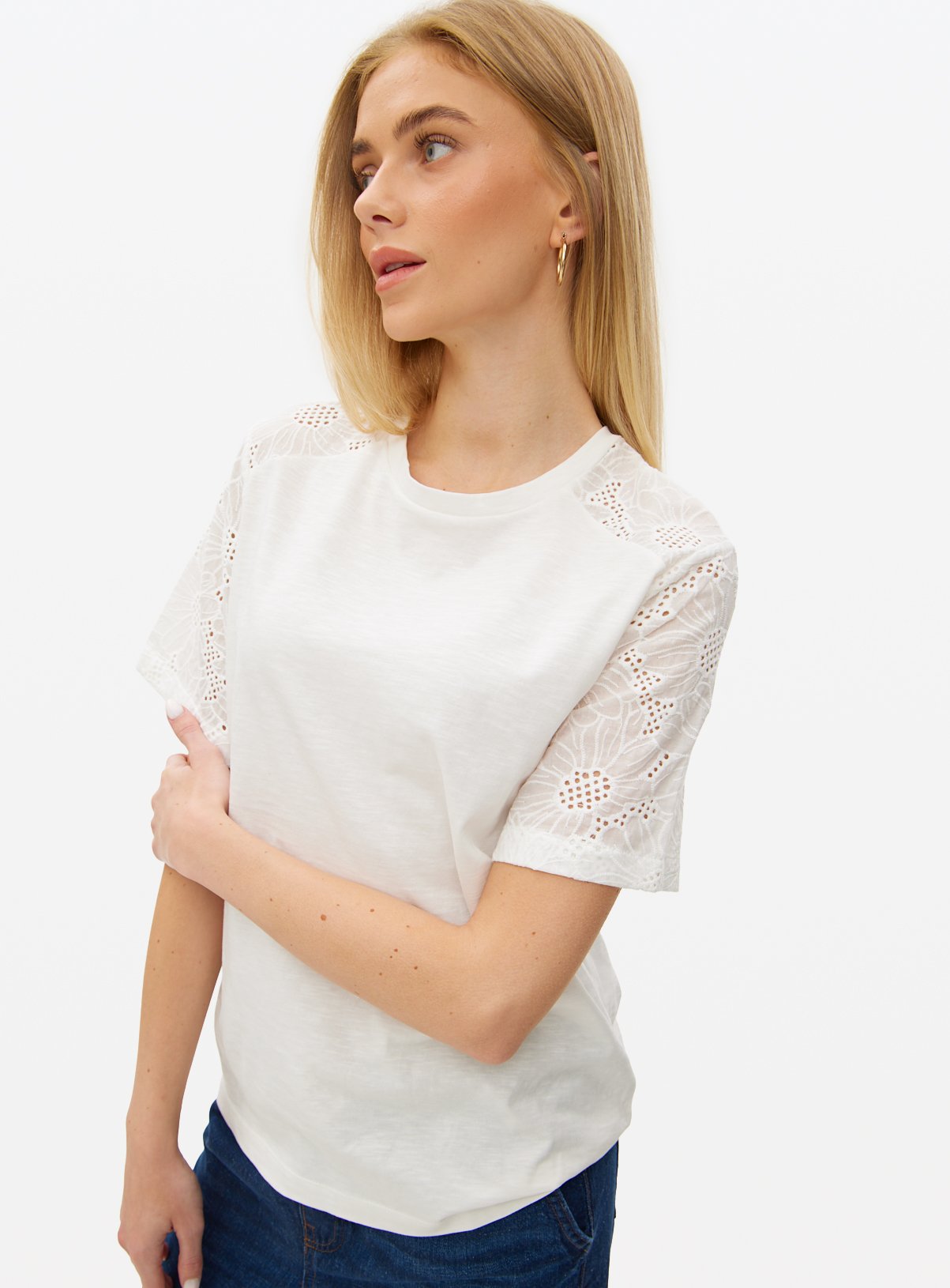 White Broderie Sleeve T-Shirt