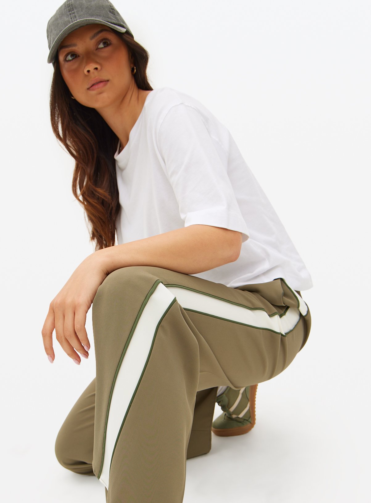 Khaki Stripe Panel Wide Leg Trousers 8 - Image 1 thumbnail