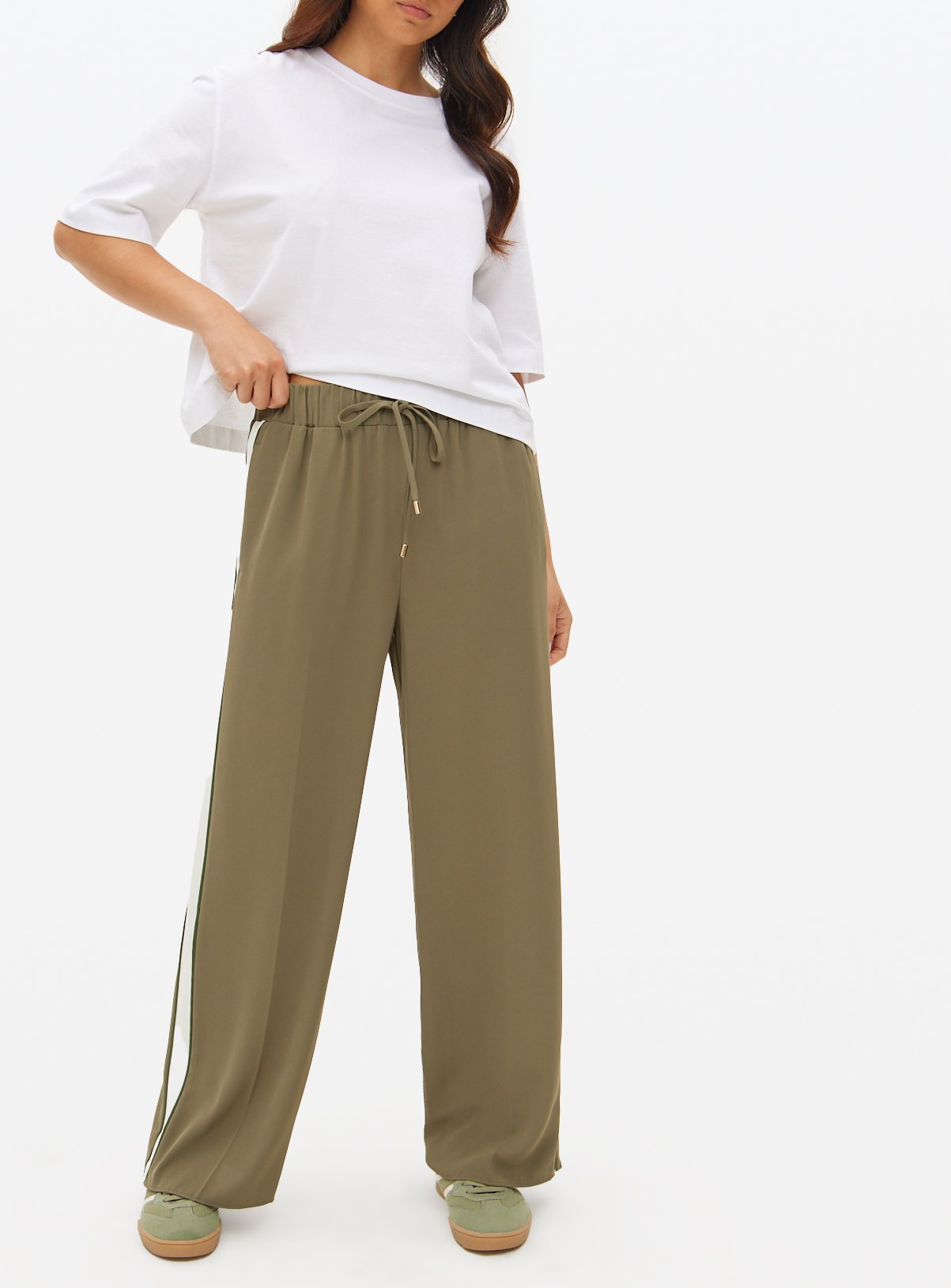 Khaki Stripe Panel Wide Leg Trousers 8 - Image 3 thumbnail