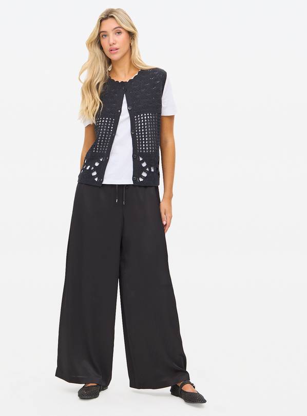Black Satin Plisse Ultra Wide Leg Trousers 12