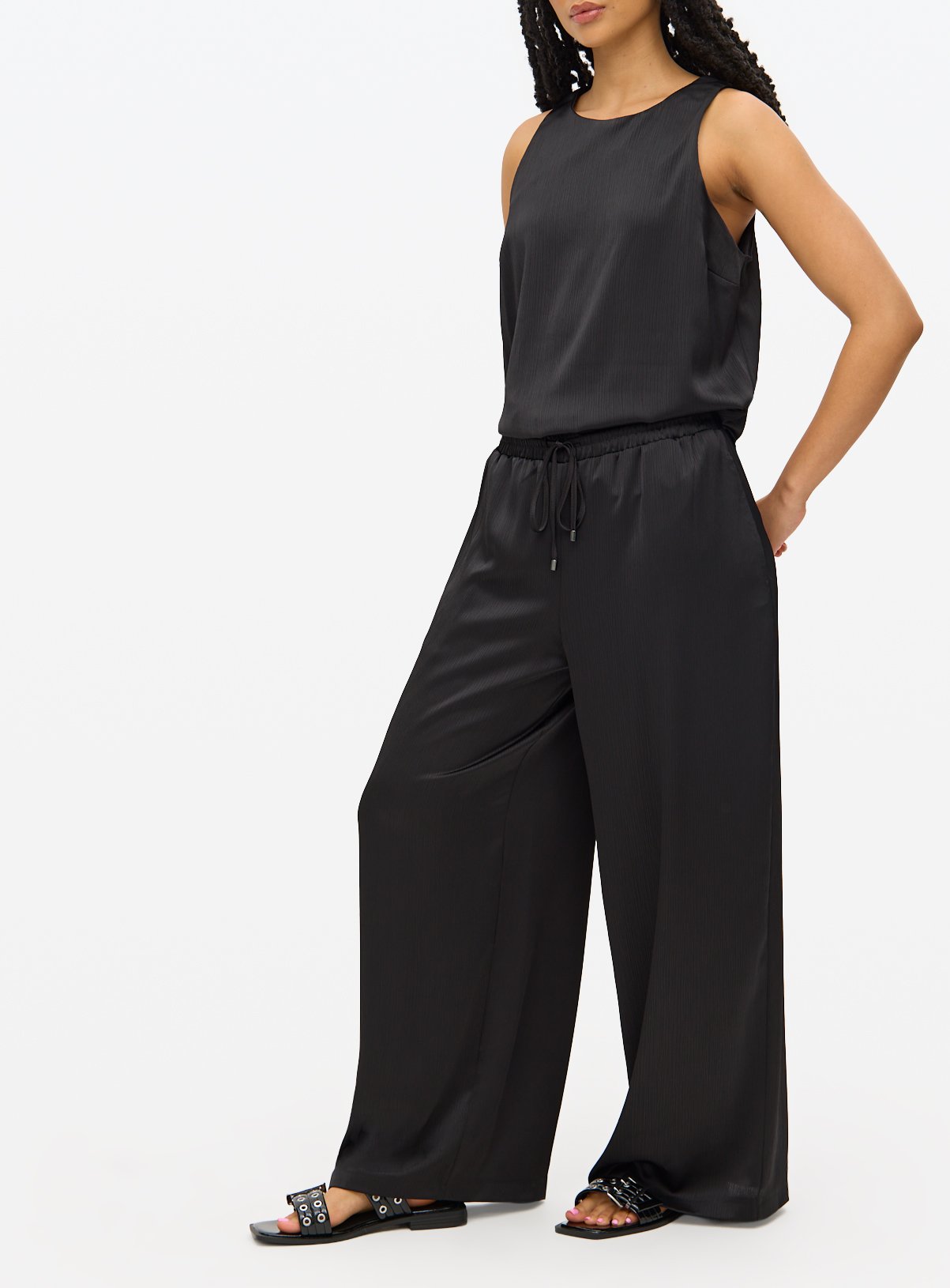 Black Satin Plisse Ultra Wide Leg Co-ord Trousers 12 - Image 2 thumbnail