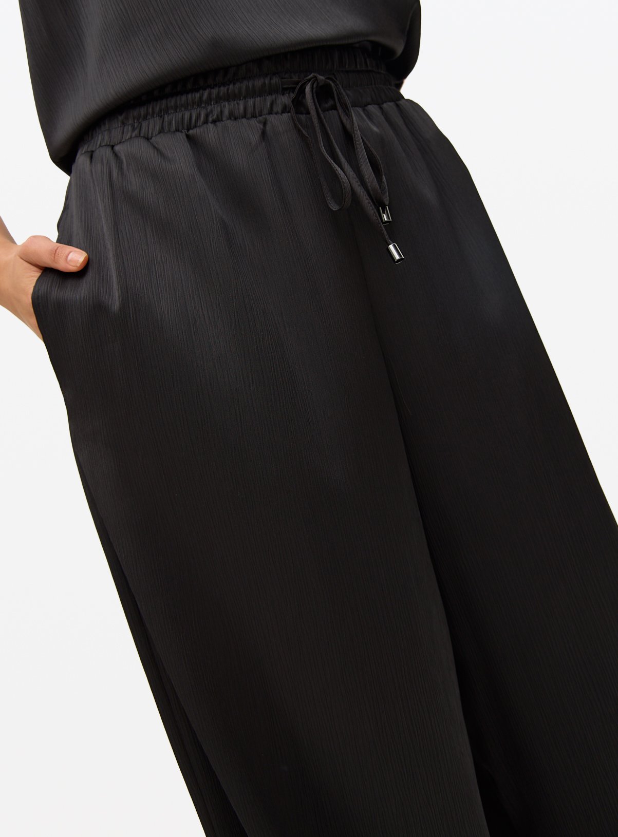 Black Satin Plisse Ultra Wide Leg Co-ord Trousers 12 - Image 3 thumbnail
