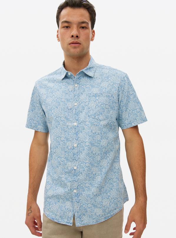 Blue Floral Print Chambray Shirt S