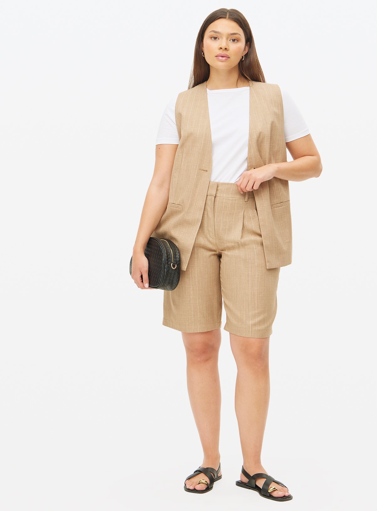 Stone Pinstripe Tailored Co-ord Shorts