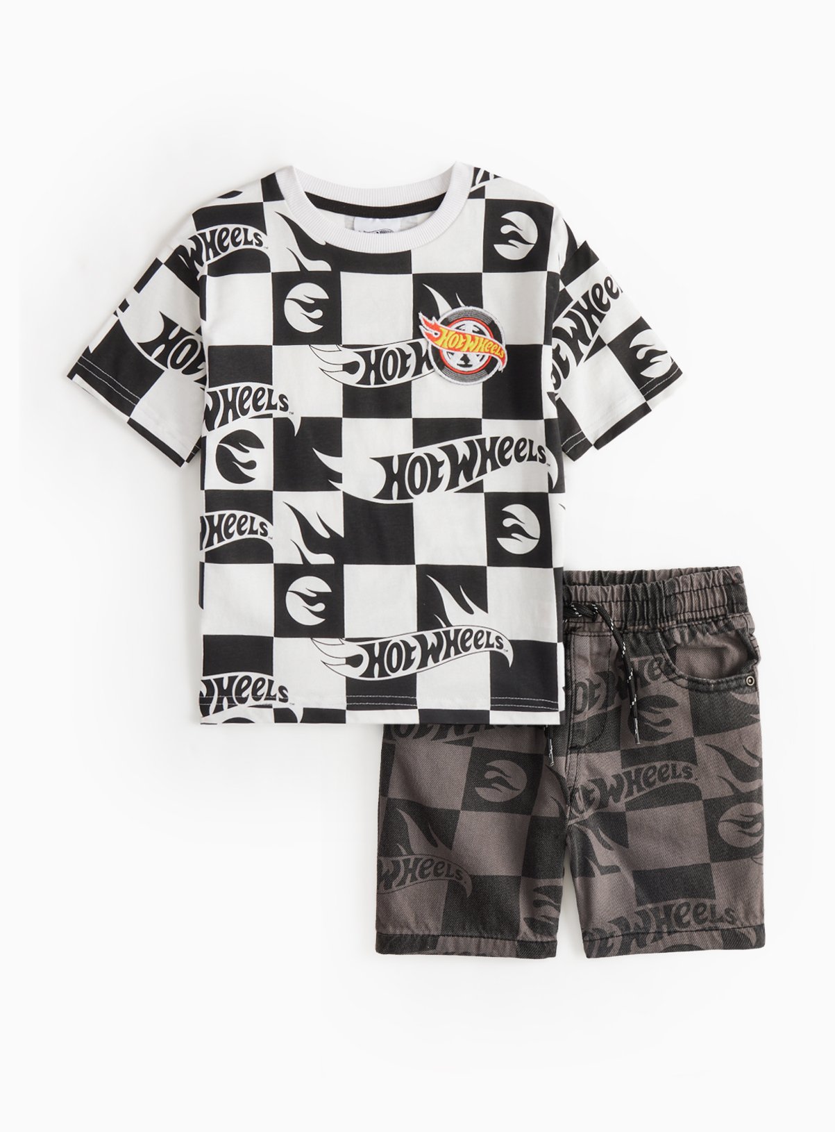 Hot Wheels Chequered T-Shirt & Woven Shorts 4-5 years