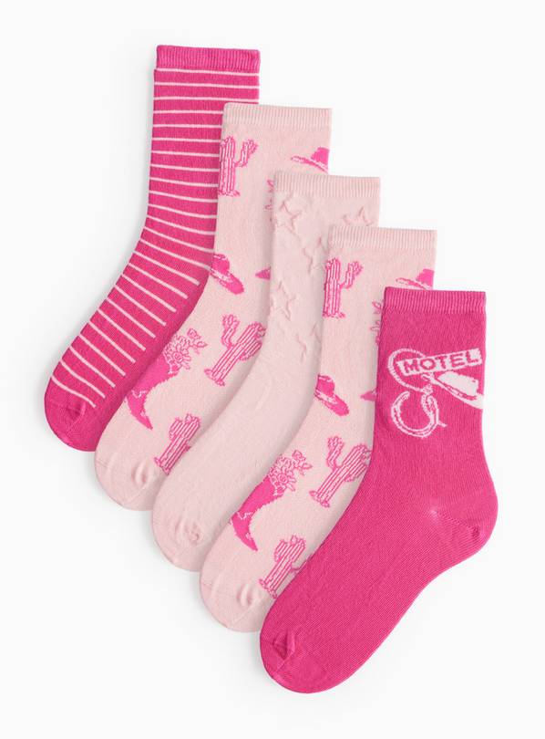 Pink Cowgirl Print Ankle Socks 5 Pack 4-8