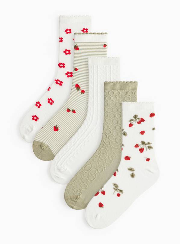 Khaki & Strawberry Print Socks 5 Pack 4-8