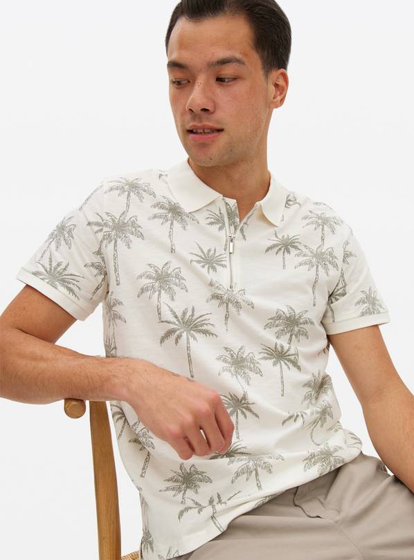 Cream Palm Tree Printed Polo Shirt L