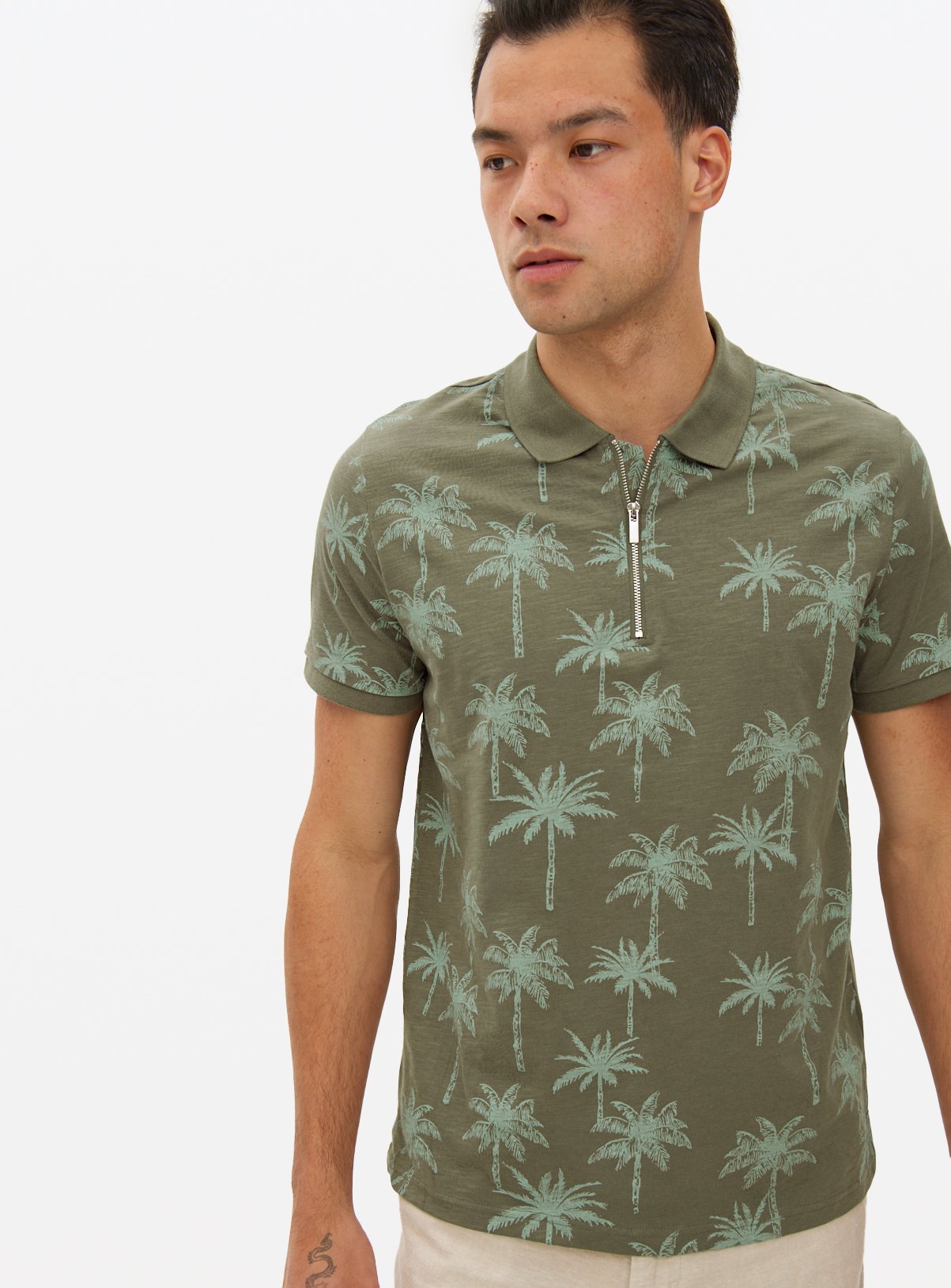 Khaki Palm Tree Printed Polo Shirt XL - Image 1 thumbnail