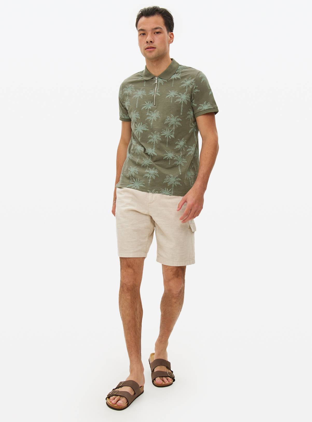 Khaki Palm Tree Printed Polo Shirt XL - Image 2