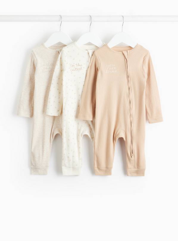 Beige Two-Way Zip Sleepsuit 3 Pack Newborn