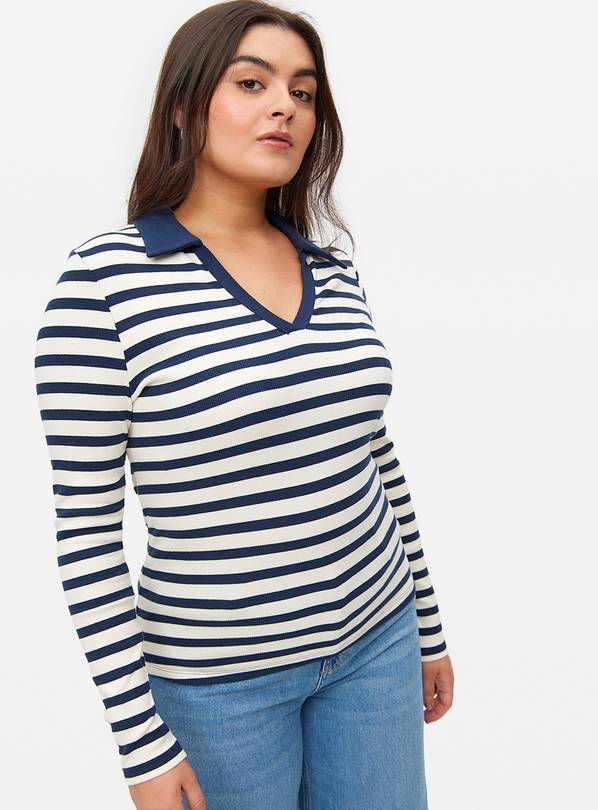 Navy Stripe Collared Long Sleeve Top 24