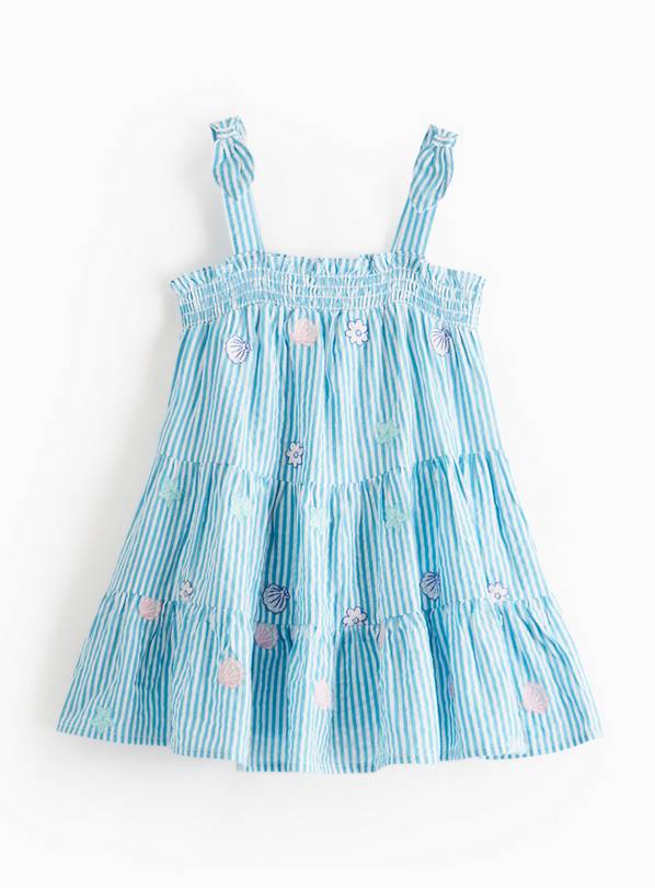 Blue Stripe Shell Embroidered Tiered Dress 1-2 years