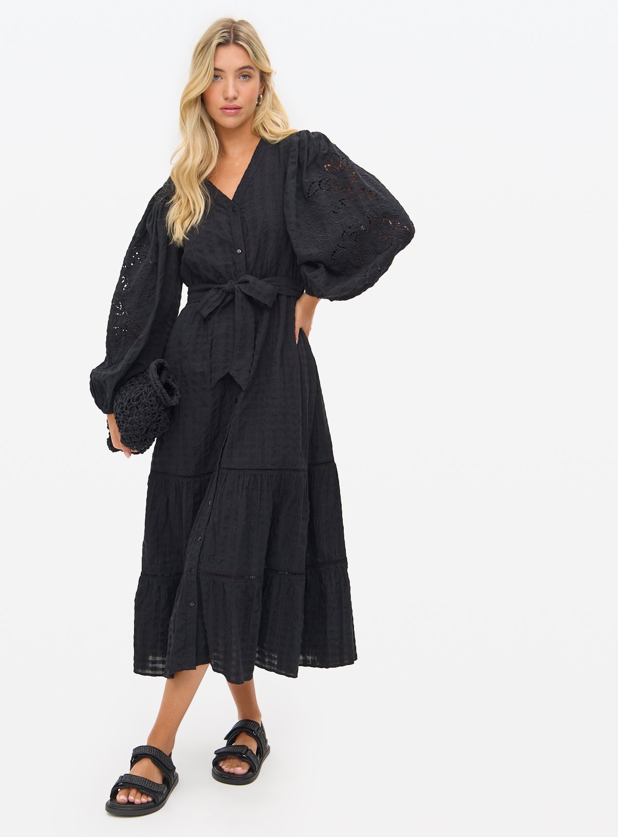Black Broderie Sleeve Boho Midaxi Dress 20 - Image 2 thumbnail