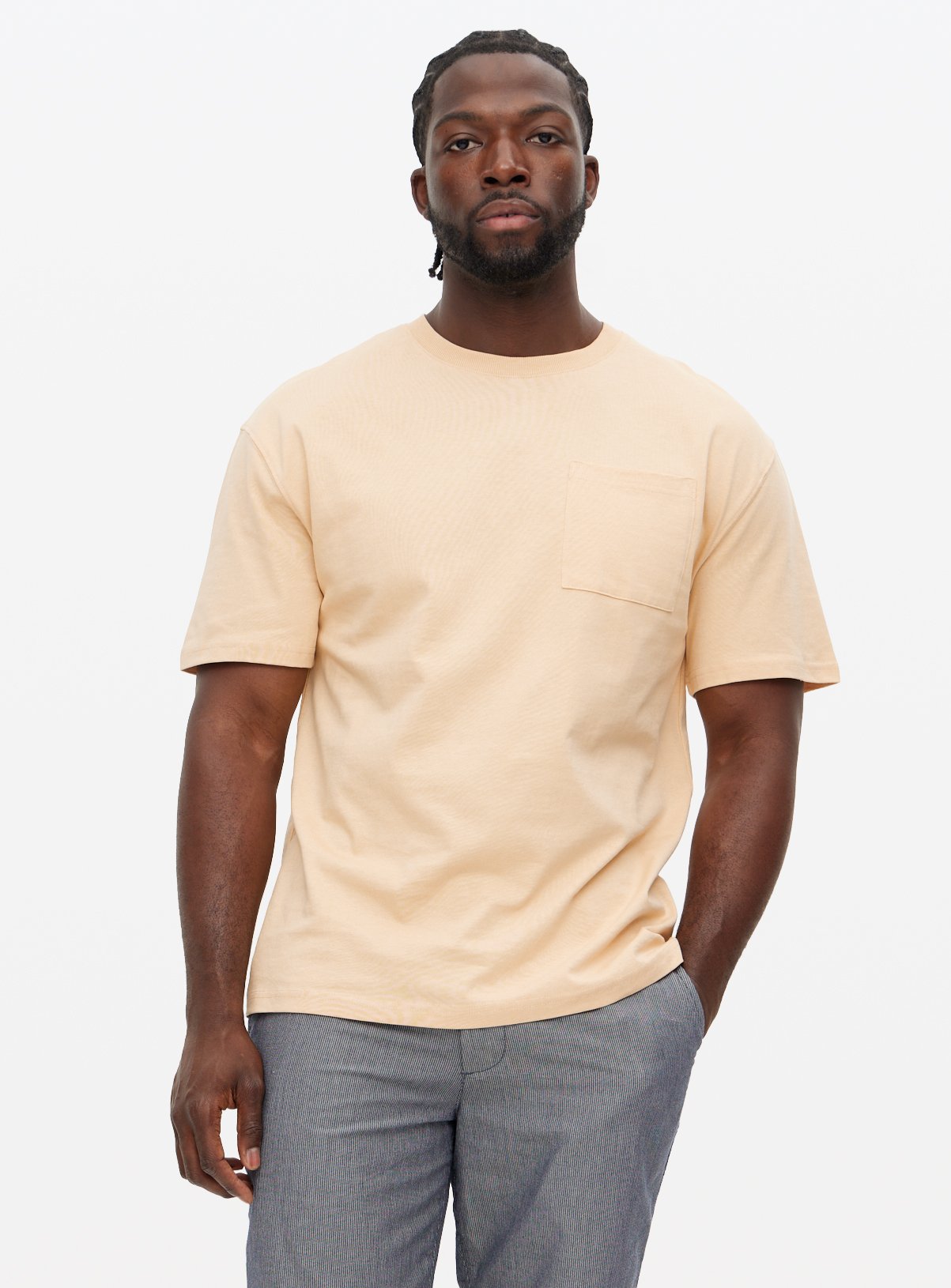 Men's Beige Pocket Relaxed Crew T-Shirt