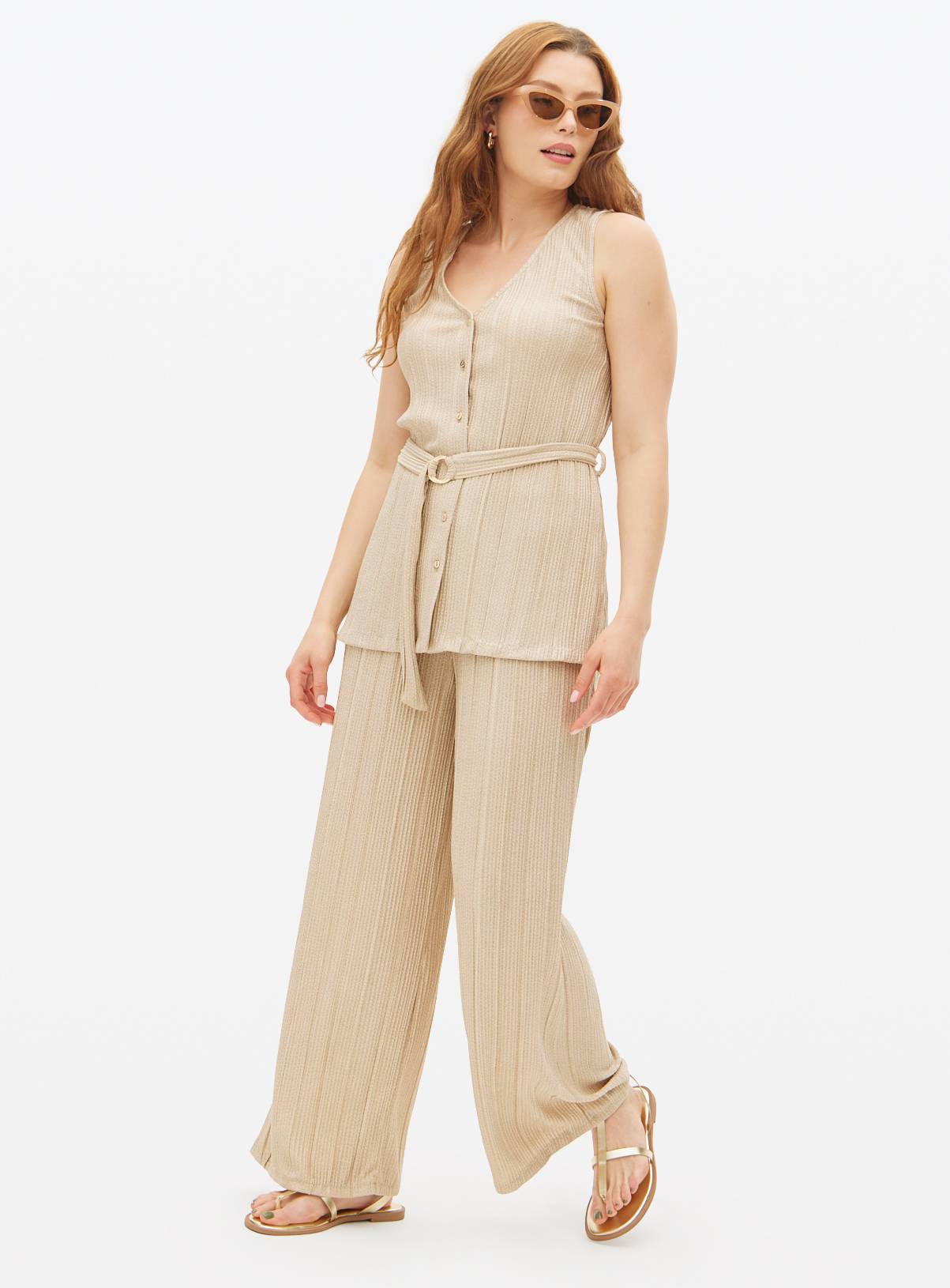 Beige Textured Wide Leg Co-ord Trousers 22 - Image 1