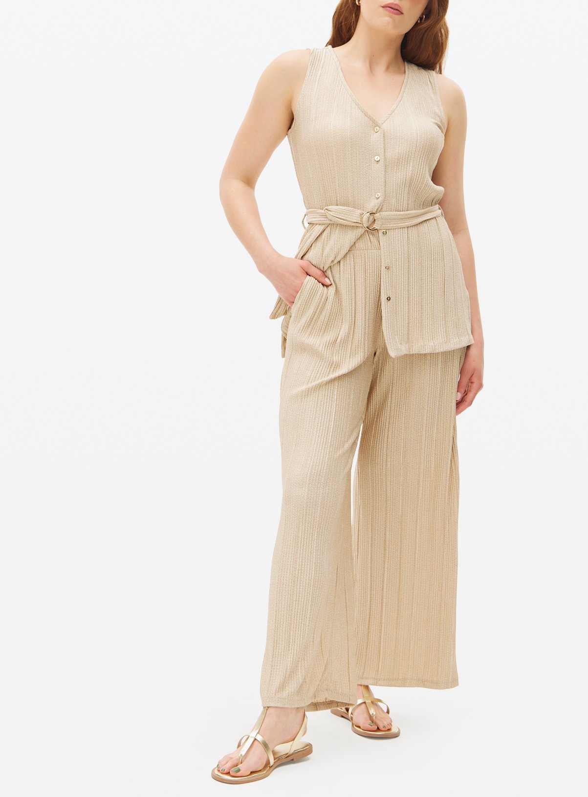 Beige Textured Wide Leg Co-ord Trousers 22 - Image 2 thumbnail
