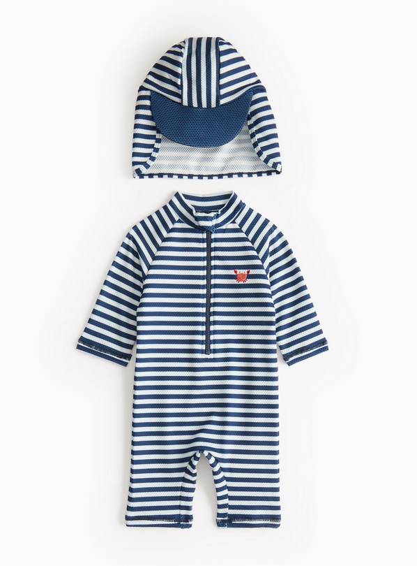 Navy Striped Sunsafe Swimsuit & Keppi Hat 3-6 months