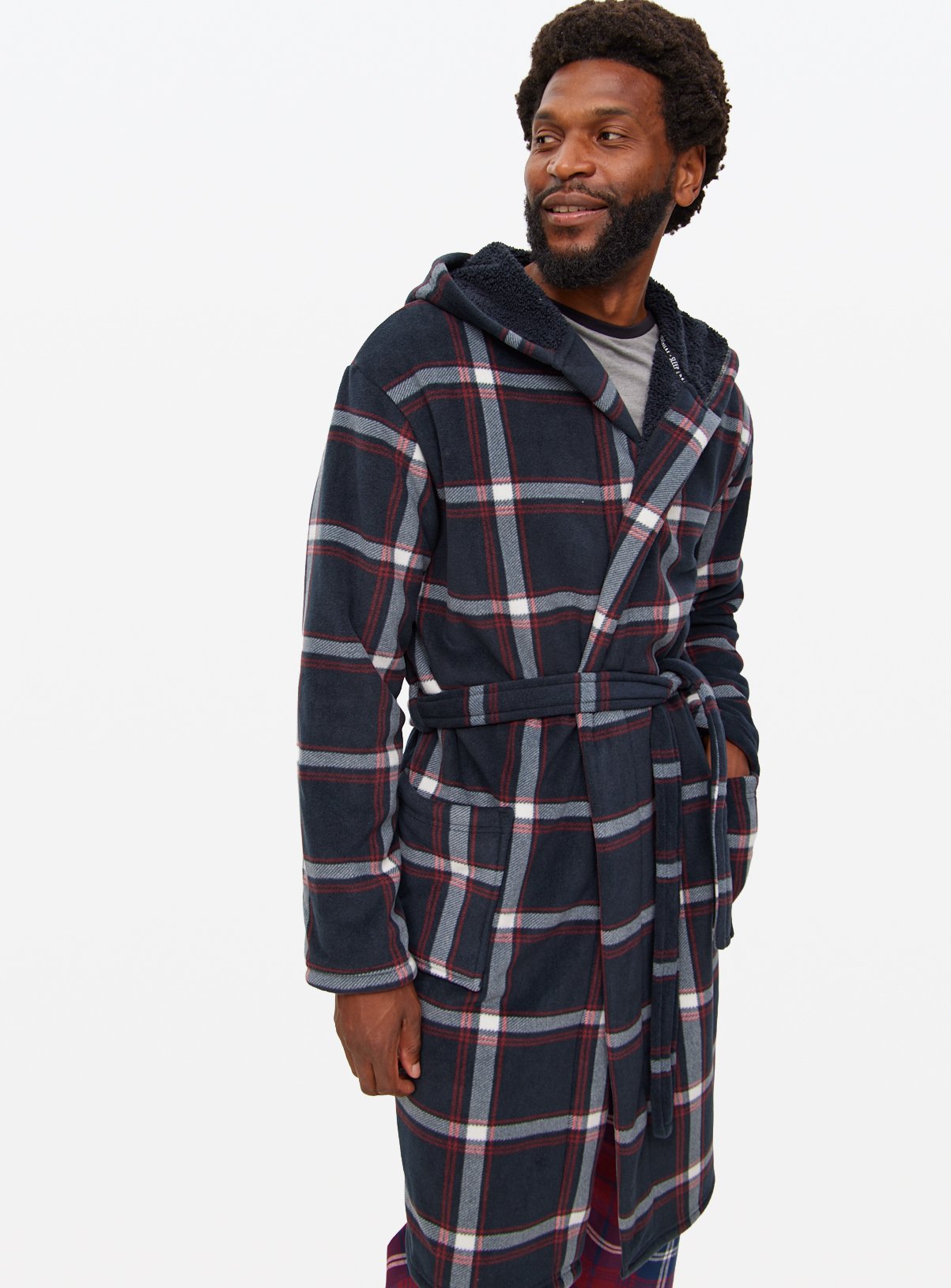 Men's Black Check Print Bonded Dressing Gown