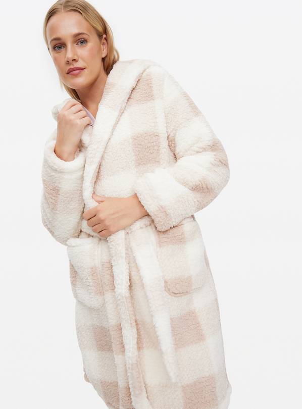 Neutral Gingham Borg Dressing Gown  M
