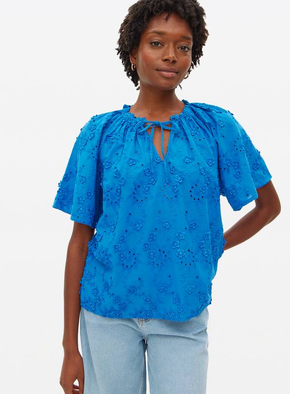 Blue Flower Embroidered Tie-Neck Blouse 12