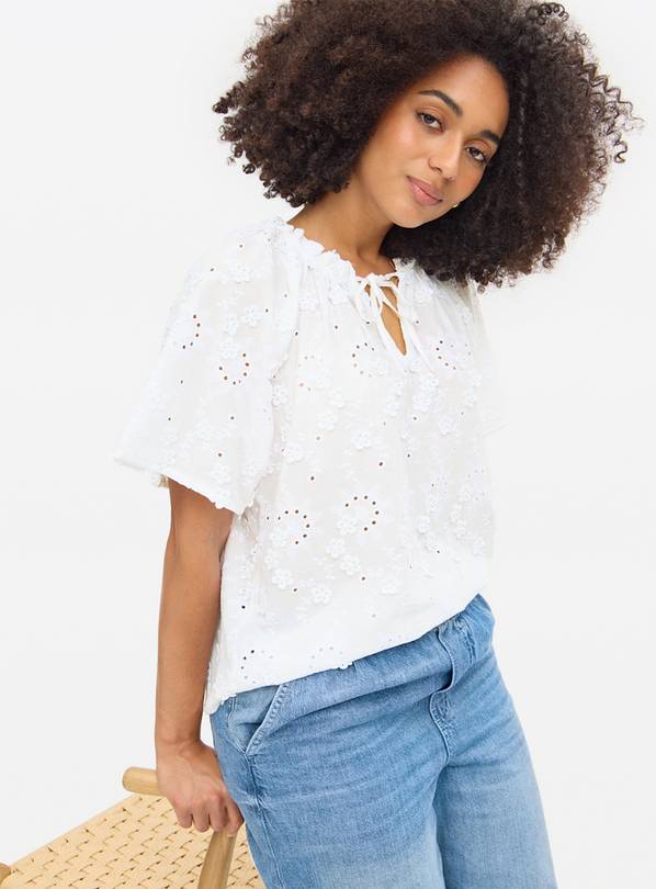 White Flower Embroidered Tie-Neck Blouse 16