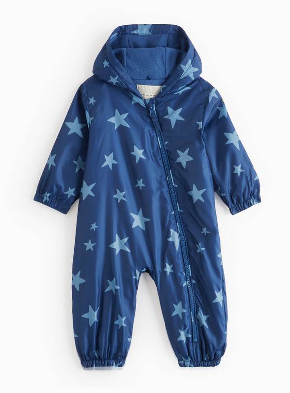 Blue Star Print Fleece Lined Puddlesuit  Up to 3 mths