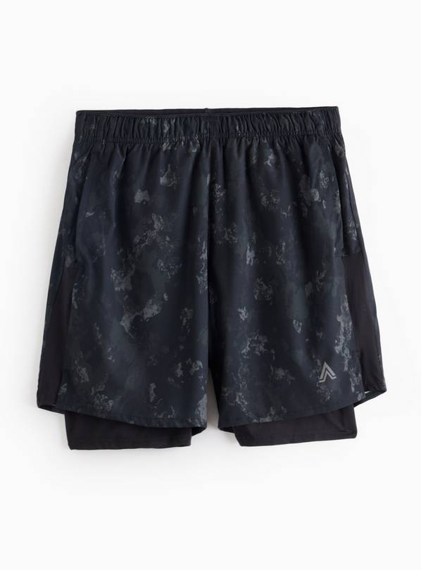 Black Double Layer Active Printed Shorts  XXXL