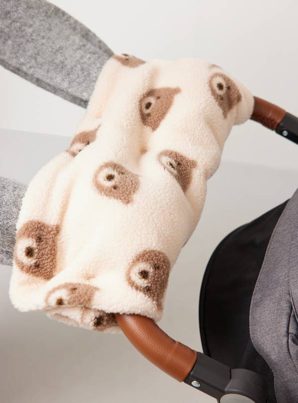 Cream Borg Fleece Bear Printed Pram Hand Muff One Size