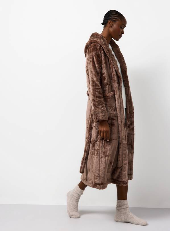 Mocha Carved Plush Hooded Dressing Gown S