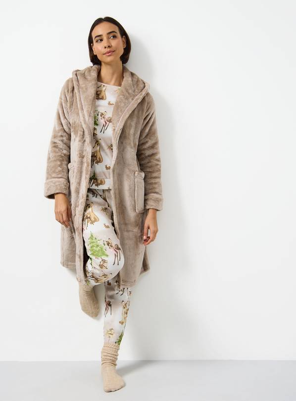 Latte Plush Fleece Hooded Dressing Gown S