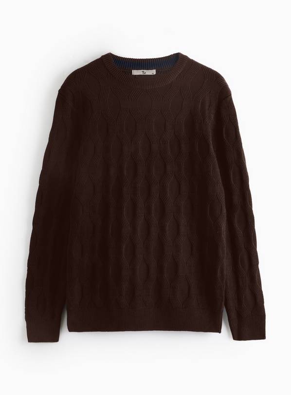 Brown Crew Neck Cable Knit Jumper S