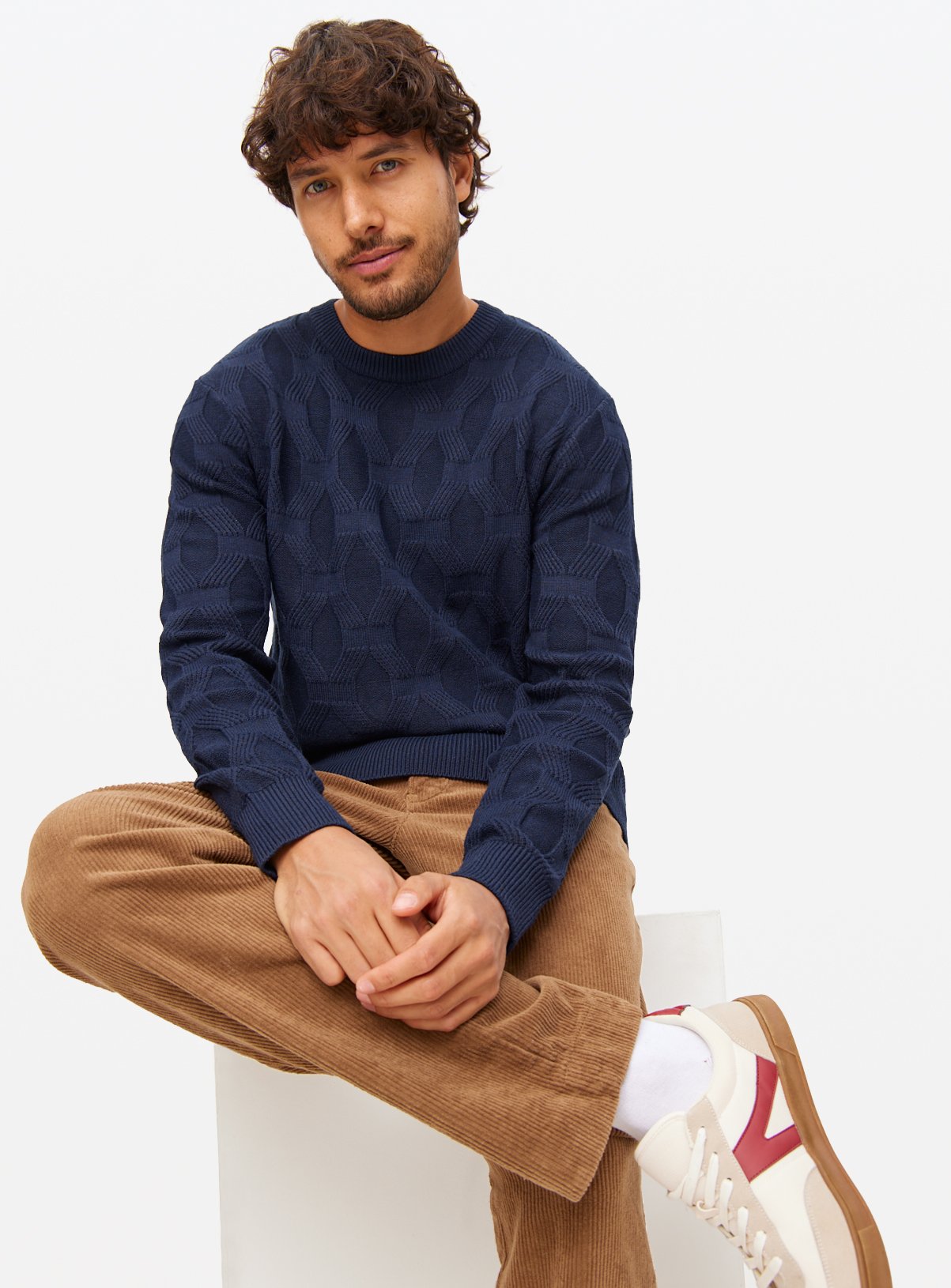 Men's Navy Crew Neck Cable Knit Jumper