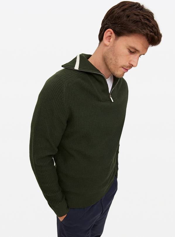 Khaki Waffle V-Insert Half-Zip Jumper  M