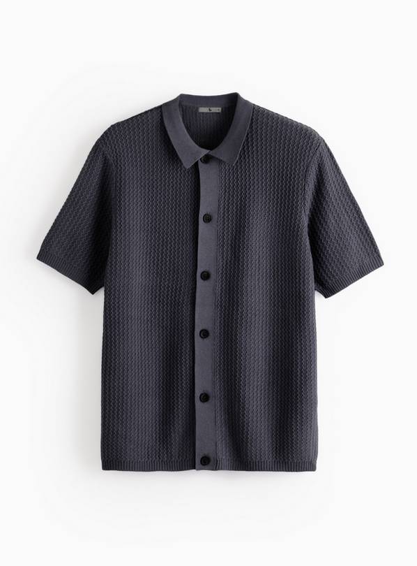 Charcoal Wave Stitch Button-Through Shirt  XL